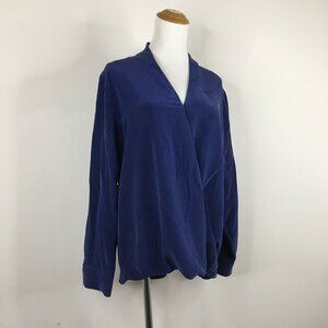 SOFT SURROUNDINGS Long Sleeve Blue High Low Bubble Hem V Neck Blouse Shirt